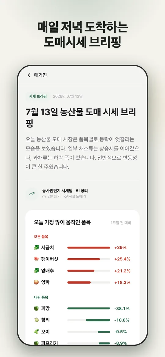 농사원펀치 앱 시세 브리핑 화면 — 오른 품목·내린 품목 정리